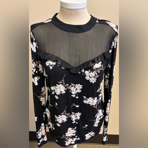 Peek-a-boo long sleeve feminine black floral top women's size Medium - Picture 1 of 7